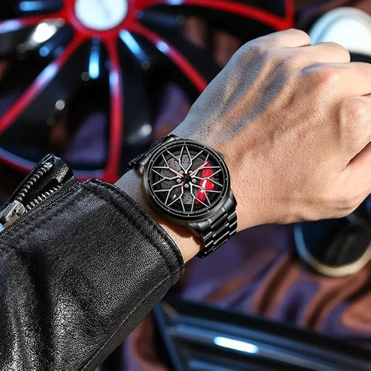 GOLDENIZE FASHION Branded Men's Sport Quartz Watch Car Wheel Multicolour Dial Wheel Dial 360 Rotating Casual Fashion Stainless Steel Alloy Mens &Boy's Luxury Metal Gift Creative Watch