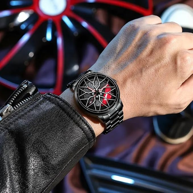 GOLDENIZE FASHION Branded Men's Sport Quartz Watch Car Wheel Multicolour Dial Wheel Dial 360 Rotating Casual Fashion Stainless Steel Alloy Mens &Boy's Luxury Metal Gift Creative Watch